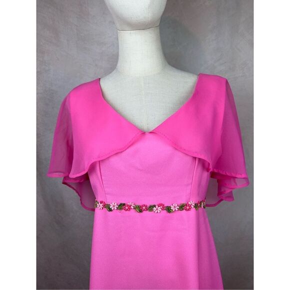 Vintage 1970s Hot Pink Evening Gown Dress Mod MCM Disco Floral Medium Sheer - Picture 2 of 8